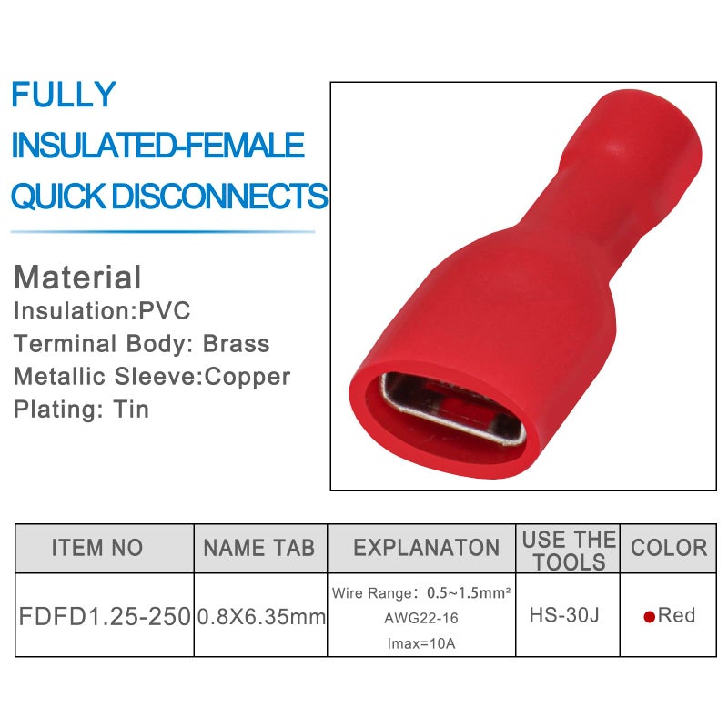 Heschen Female Quick Disconnects Vinyl Fully Insulated, FDFD1.25-250, 6.3 x 0.8 mm Cable Terminal, for 0.5-1.5mmÂ² (22-16 AWG), Red, 100Pack - Image 4